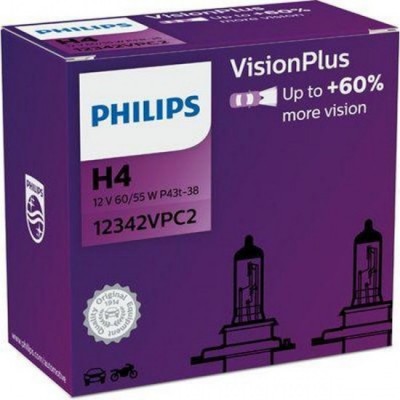 Крушки Philips H4 VisionPlus +60% 2 броя комплект Крушки Philips H4 VisionPlus +60% 2 броя комплект